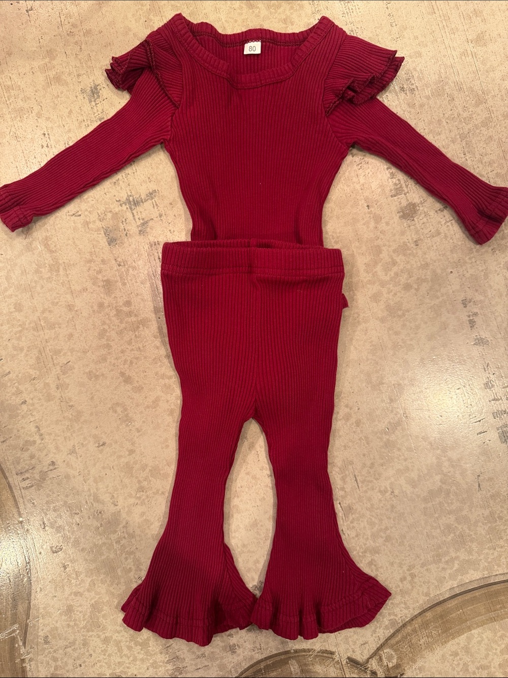 Baby Ribbed One-Piece bell bottom Set with Ruffle Details - Crimson Red